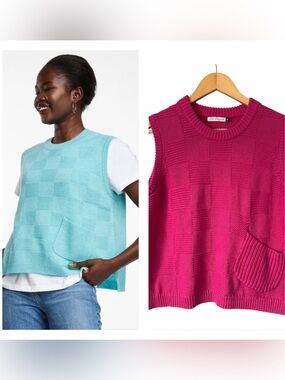Zaket & Plover Pink Textured Checkerboard Knit Sweater Vest Pocket Size XS